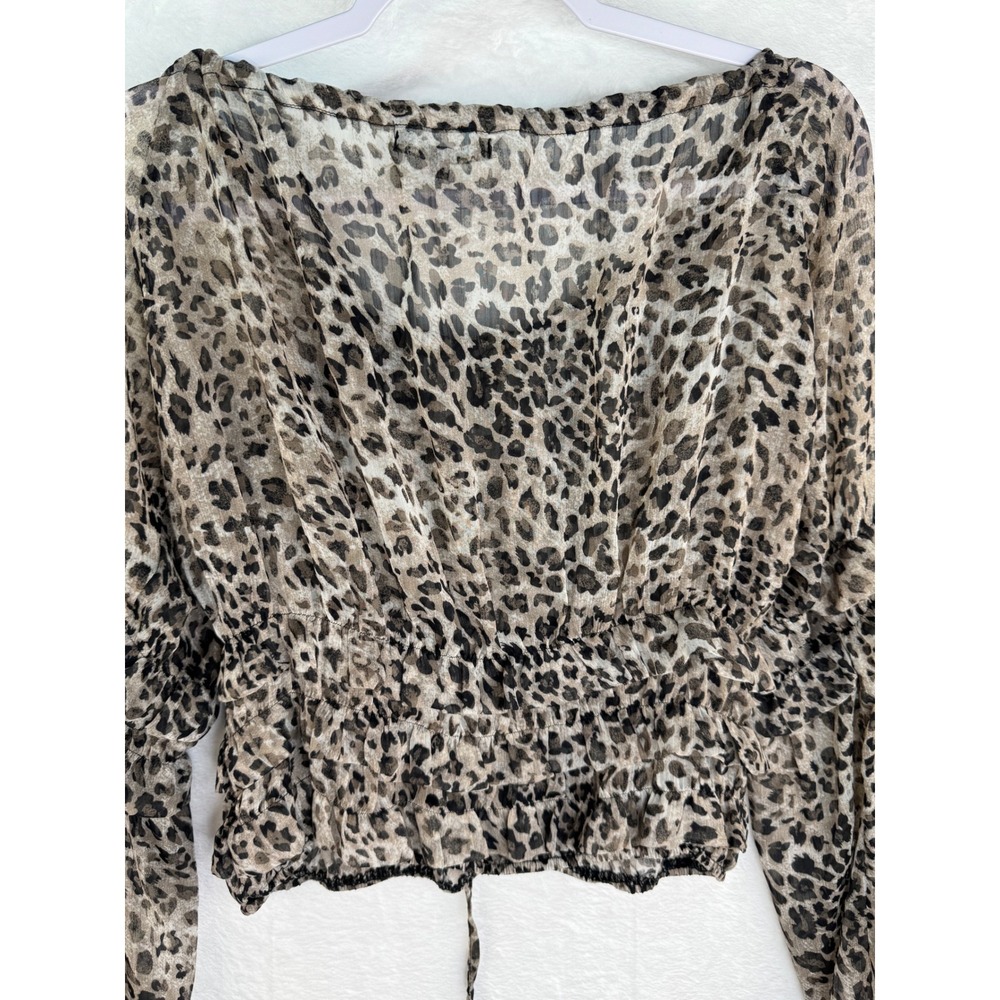 King & Girls Leopard Print Smocked Waist Ruffle Sleeve Sheer Blouse Medium - Picture 8 of 8